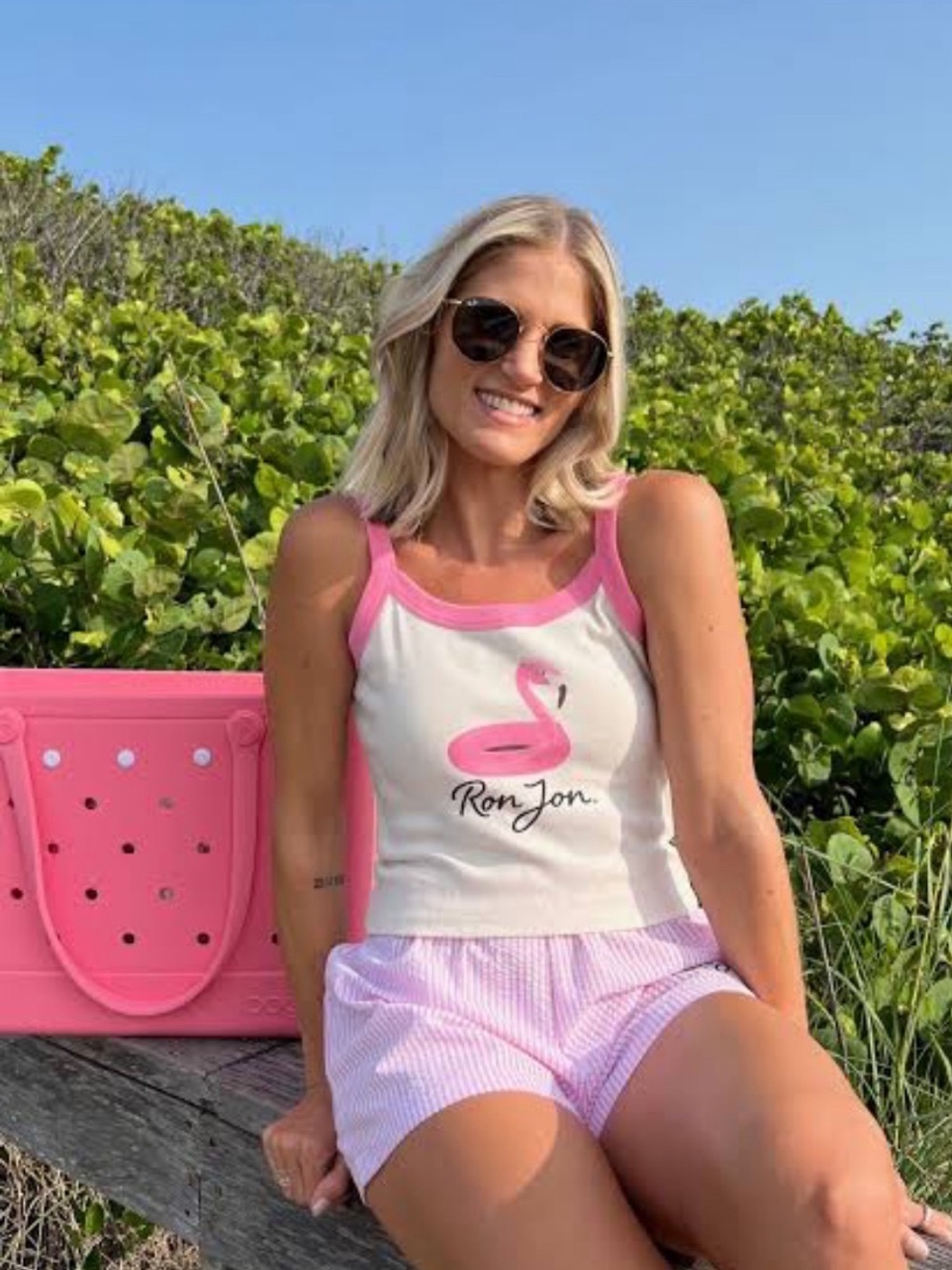 Ron Jon cream/ivory Tank with Pink Flamingo Trim